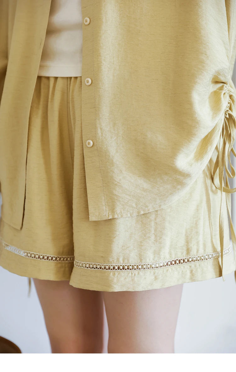 Mishow Yellow Linen Lace Shirt & Camisole & Shorts Three-Piece Set MXE42T0718