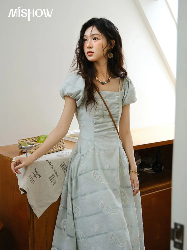 Mishow Paisley Embroidery Square Neck Puff Sleeve Dress MXE34L2265