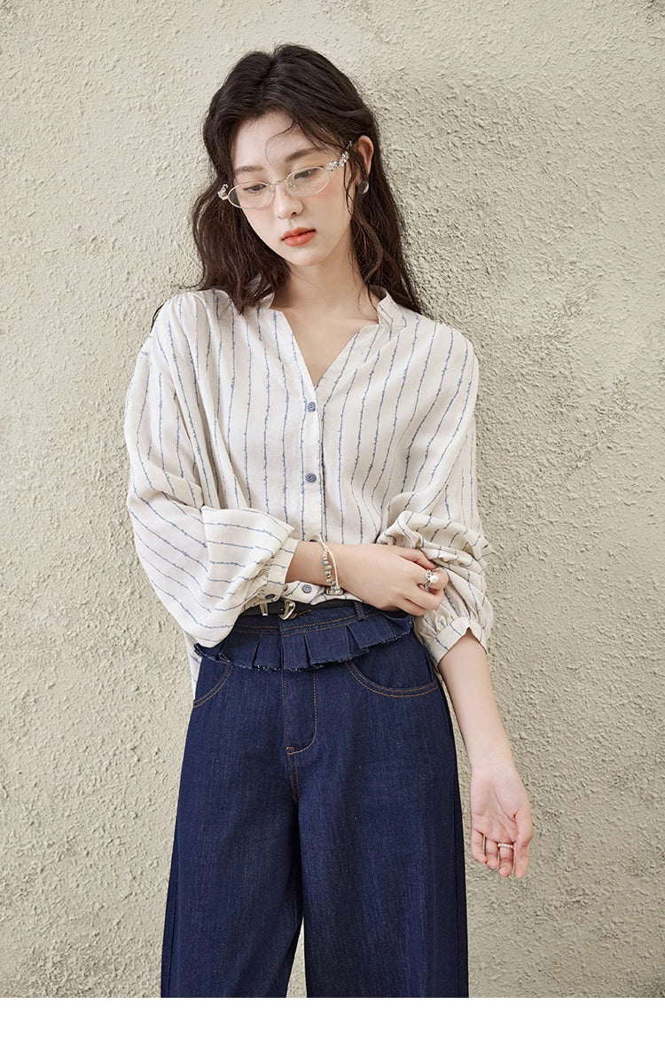 Mishow Stitching Ruffle High Waist Wide Leg Jeans MXE16K0907