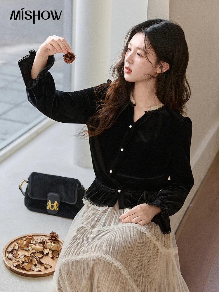 Mishow Black Velvet Lace Pearl Button Puff Sleeve Shirt MXE94X2516