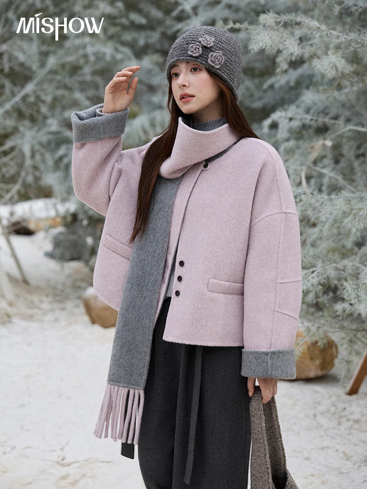 Mishow Tweed Wool Double-Faced Short Coat with Scarf MXE86W0977
