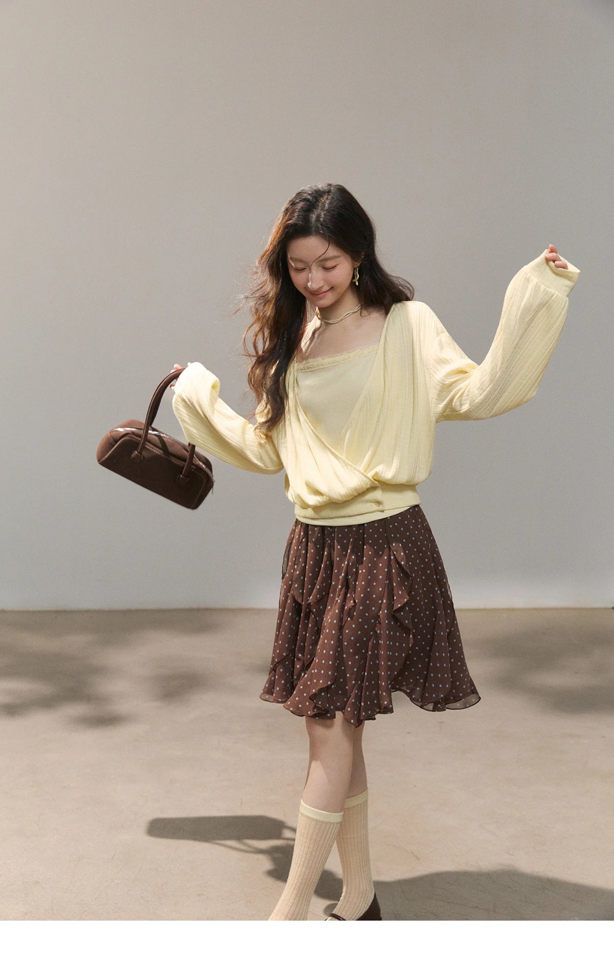 Mishow Lemon Yellow Lantern Sleeve Top & Lace Camisole Set MXF13T1513