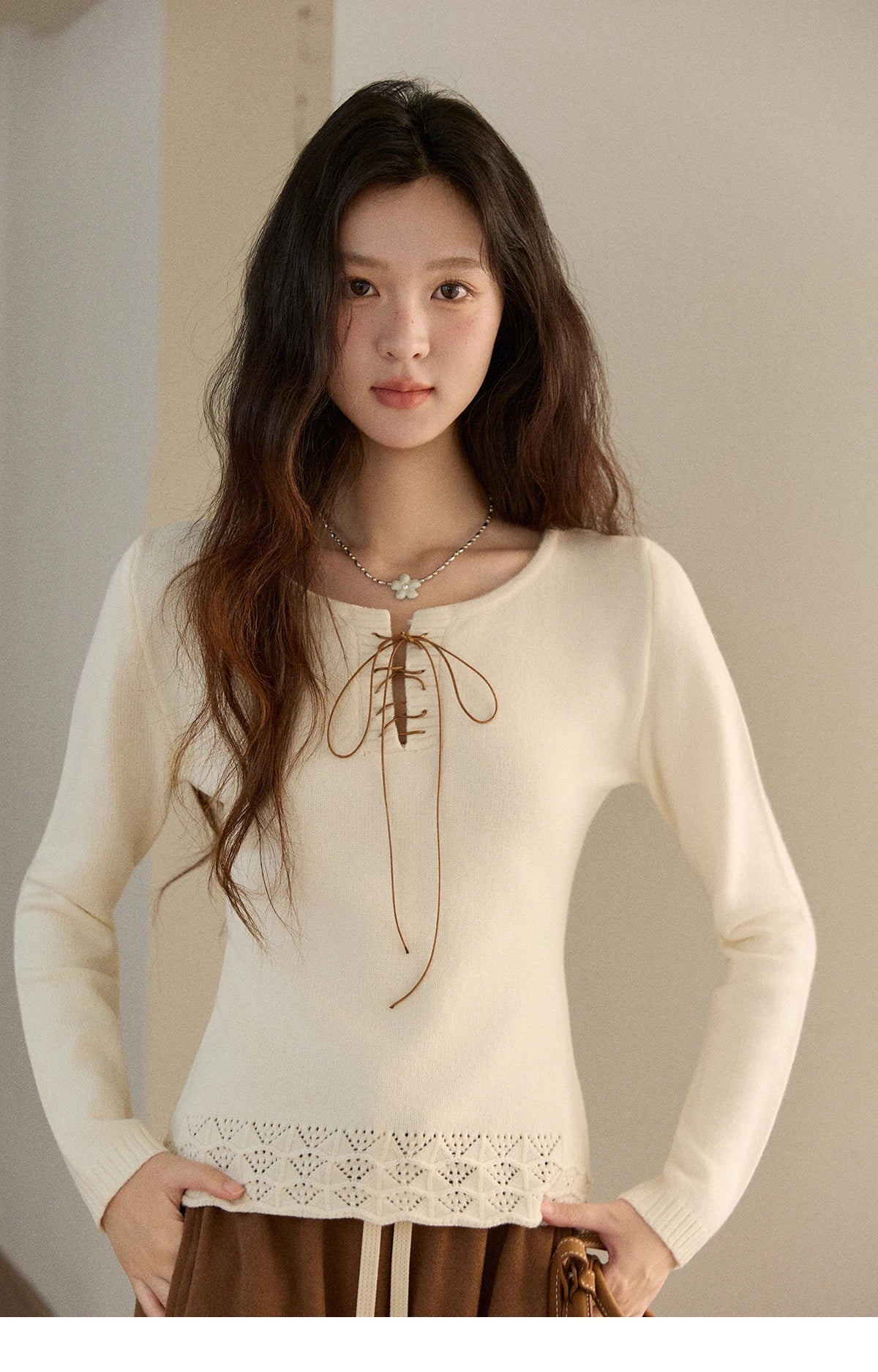 Mishow Beige Contrast French Hem Crochet Sweater MXE89Z2634