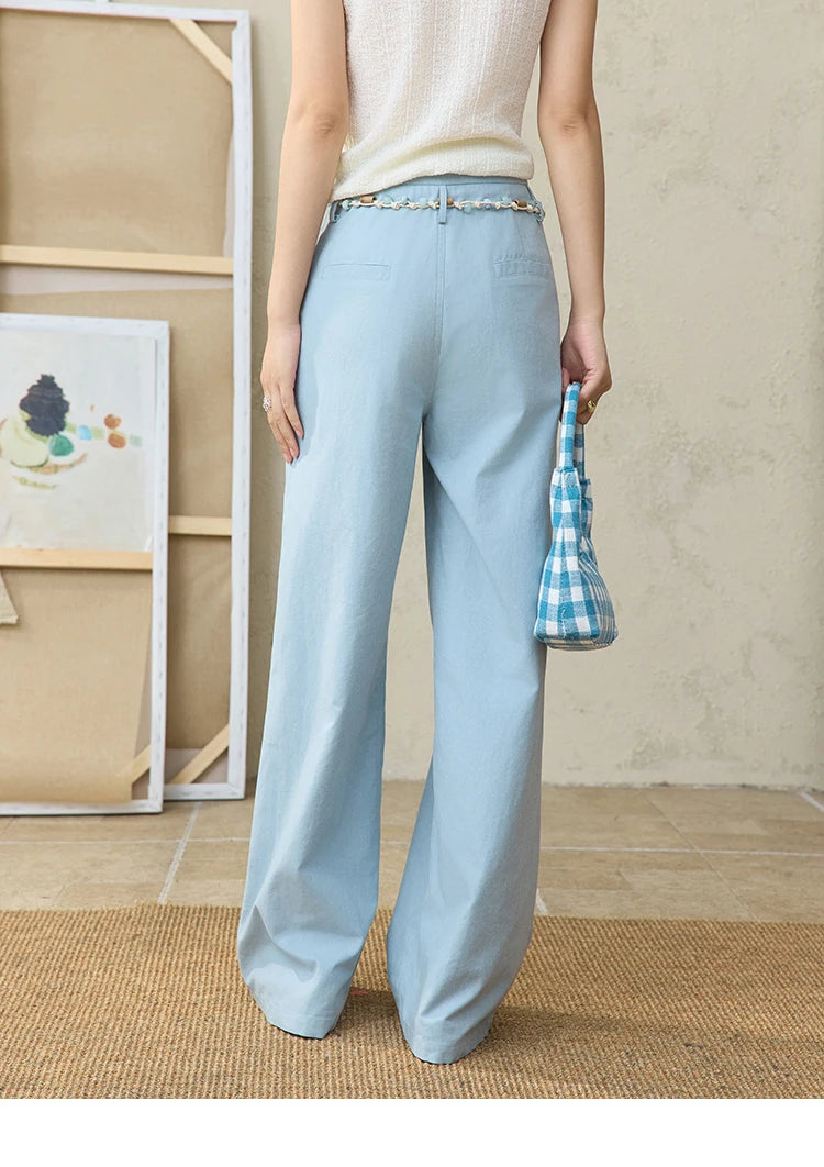 MISHOW Sea Salt Blue Wide Leg Pants Contrasting Bead Belt MXE35K0931