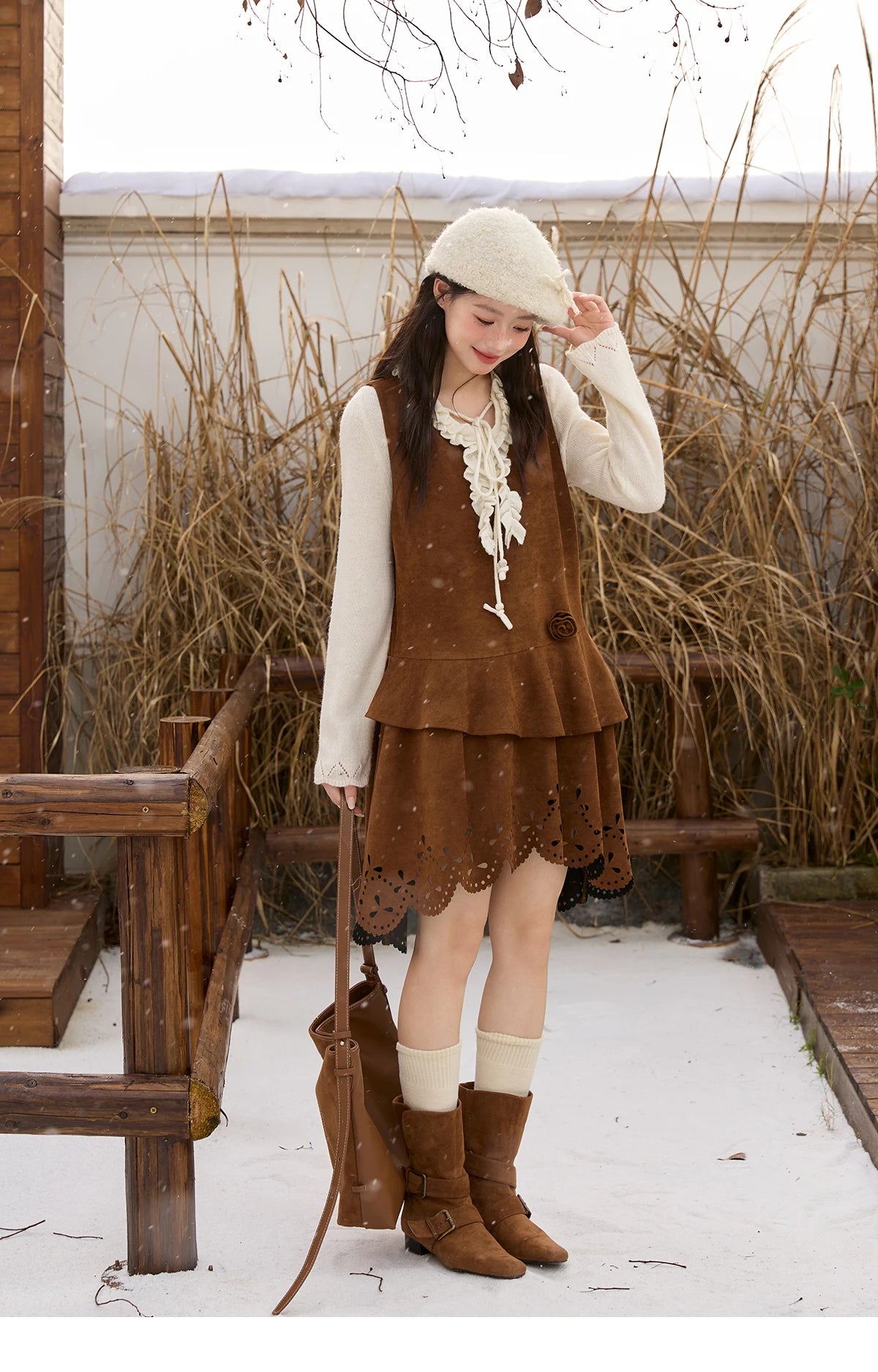 Mishow Brown Retro Suede Hollow Out Vest Dress MXE51L2524