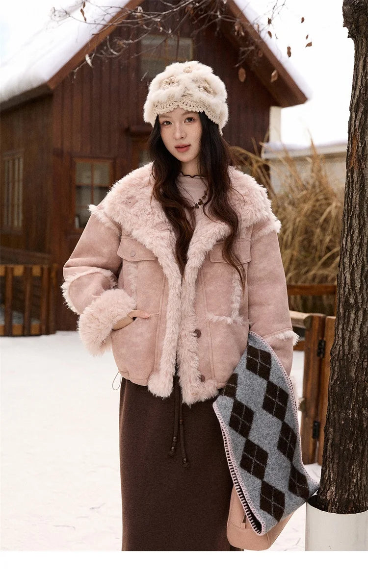 MISHOW Pink Plush Patchwork Coat Stand Collar Windproof MXE51W0911