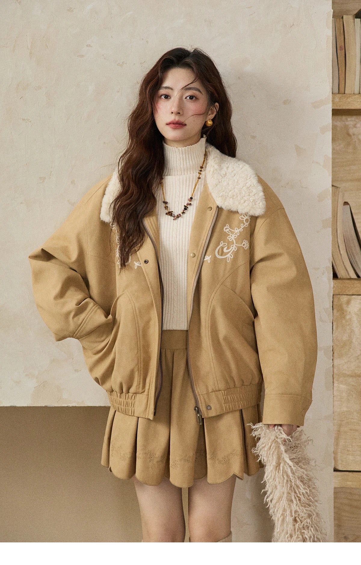 Mishow French Yellow Floral Embroidered Plush Zip-Up Coat MXE87W0932