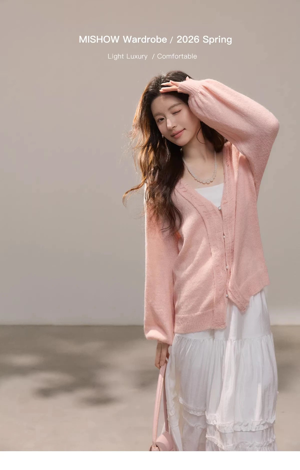Mishow Pink Ruffled Pearl Button V-Neck Cardigan MXF108Z1028