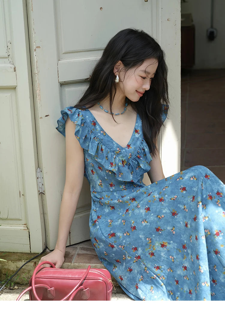 MISHOW Floral V-Neck Lace-Up Flying Sleeve Dress MXE39L2436