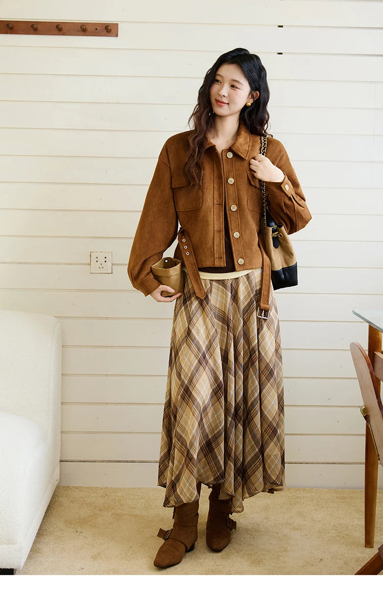 MISHOW Brown Lapel Jacket Metal Button Decorated Windproof MXE46W0864