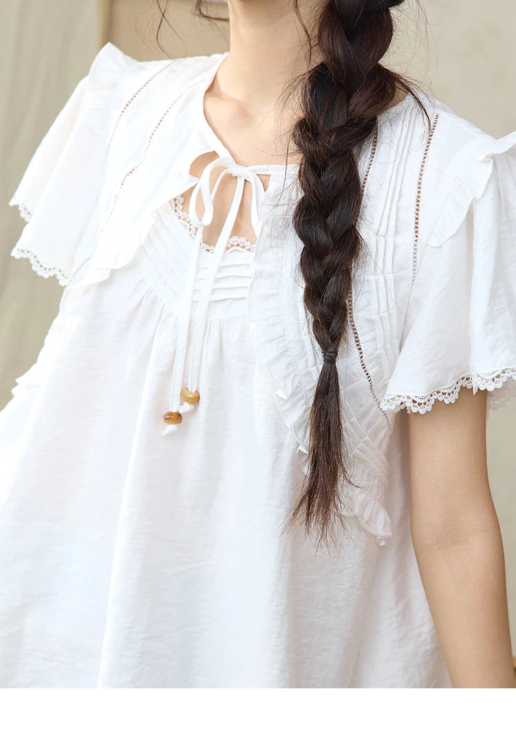MISHOW White Lace Up Blouse Butterfly Sleeve Hollow Lace MXE34X1784