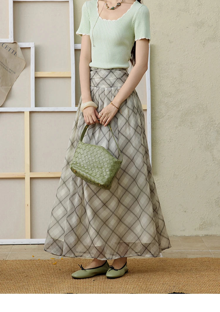 MISHOW Apricot Green Retro Plaid Skirt Pleated Chiffon High Waist A-Line MXE35B0747