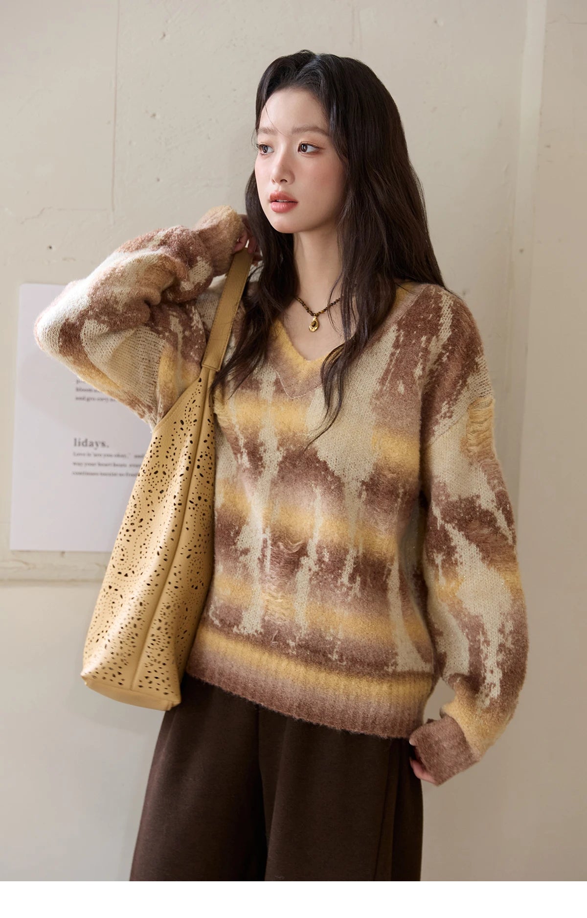 Mishow Yellow Coffee Gradient V-Neck Cable Knit Sweater MXE51Z2627