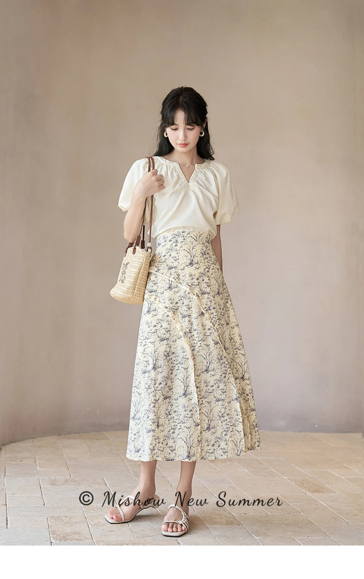 MISHOW Retro Floral Midi Skirt Side Split High Waist Elastic MXC37B0044