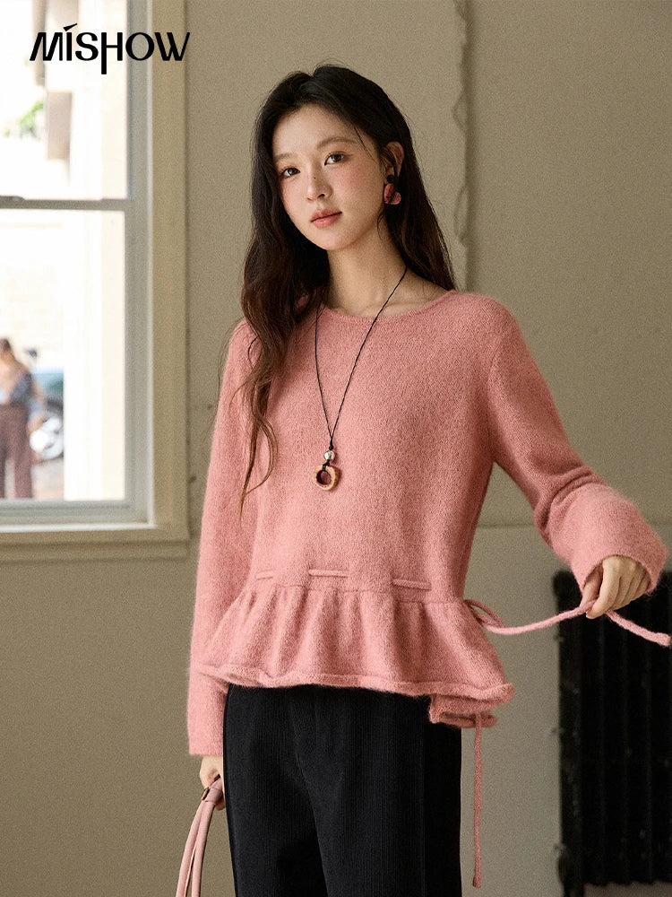 Mishow French Pink Ruffled Hem Pullover with Drawstring Belt MXE90Z2824