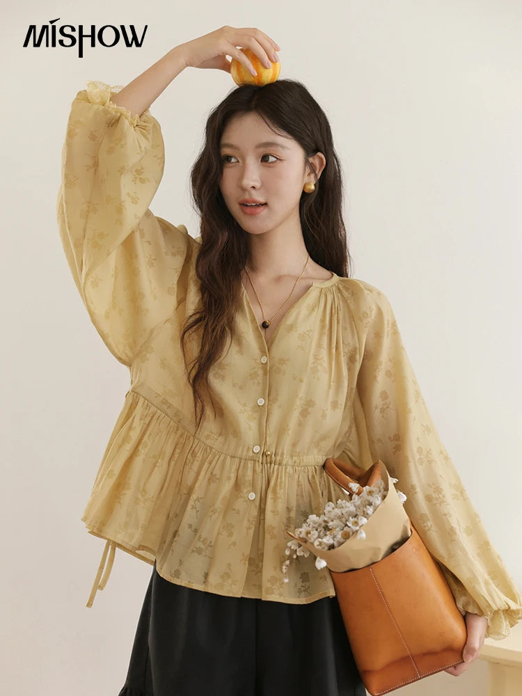 MISHOW Yellow Print Shirt Lantern Sleeve Drawstring Waist MXE45X2499
