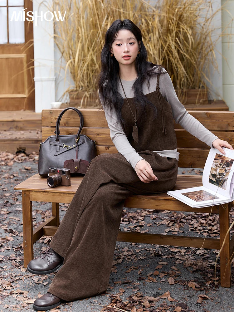 Mishow Brown Vest & Gray Top & Wide Leg Pants 3-Piece Set MXE49T1422
