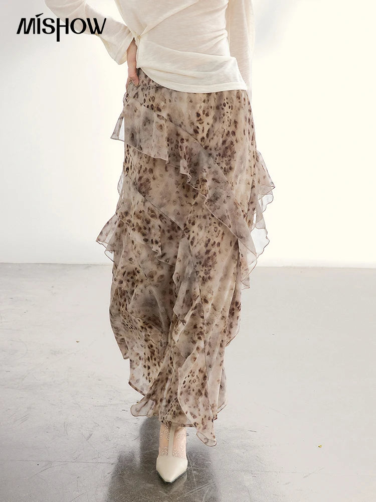 MISHOW Leopard Print Maxi Skirt Ruffled Chiffon Elastic Waist MXF108B0772