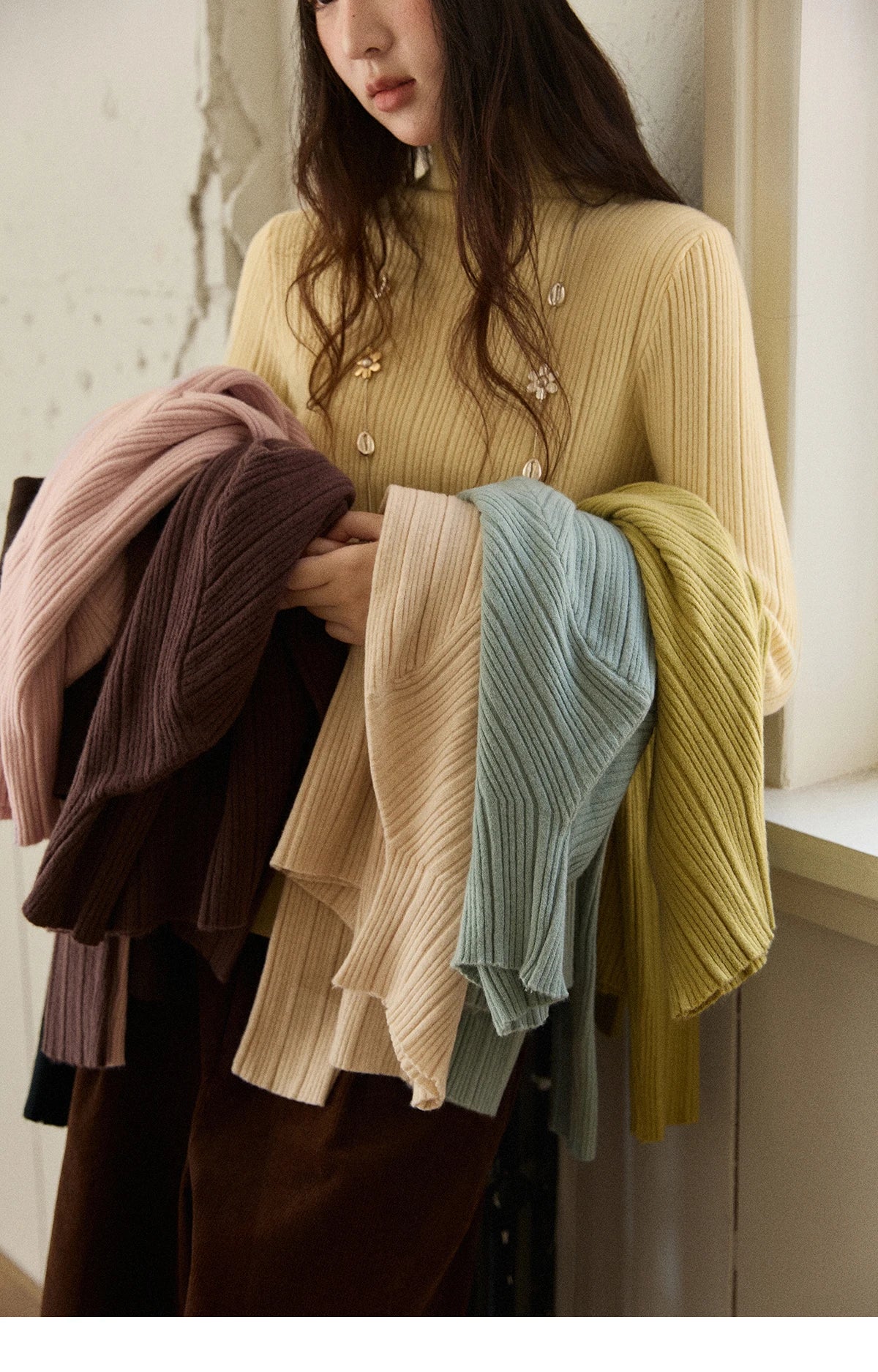 Mishow Solid Turtleneck Vertical Ribbed Slim Top MXE86Z2656