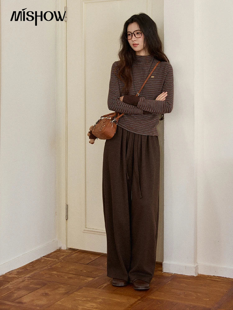 MISHOW Brown Wide-Leg Pants Thickened Drawstring Waistband MXE87K1126
