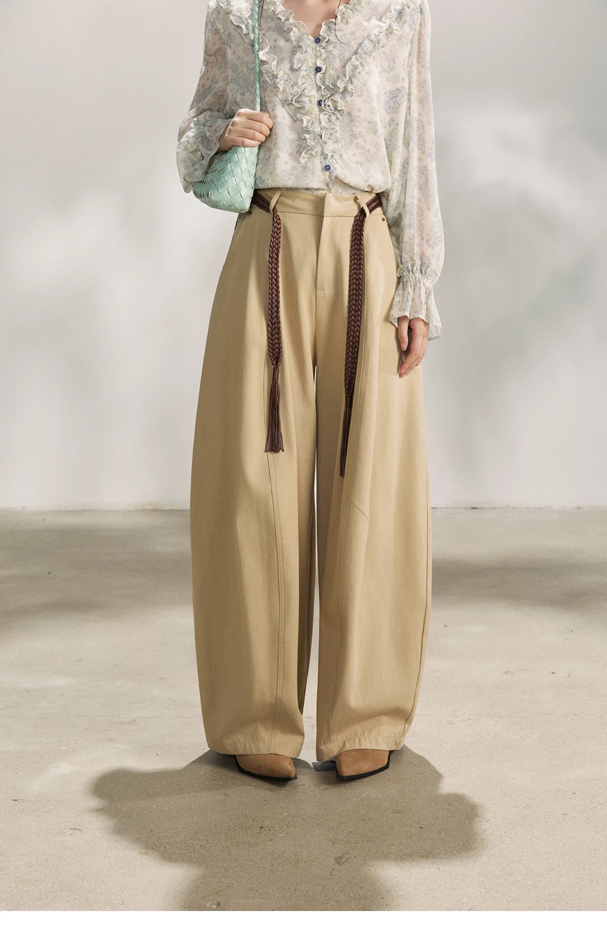 MISHOW Khaki Wide Leg Pants High Waist Belted Rear Pocket MXF13K1237