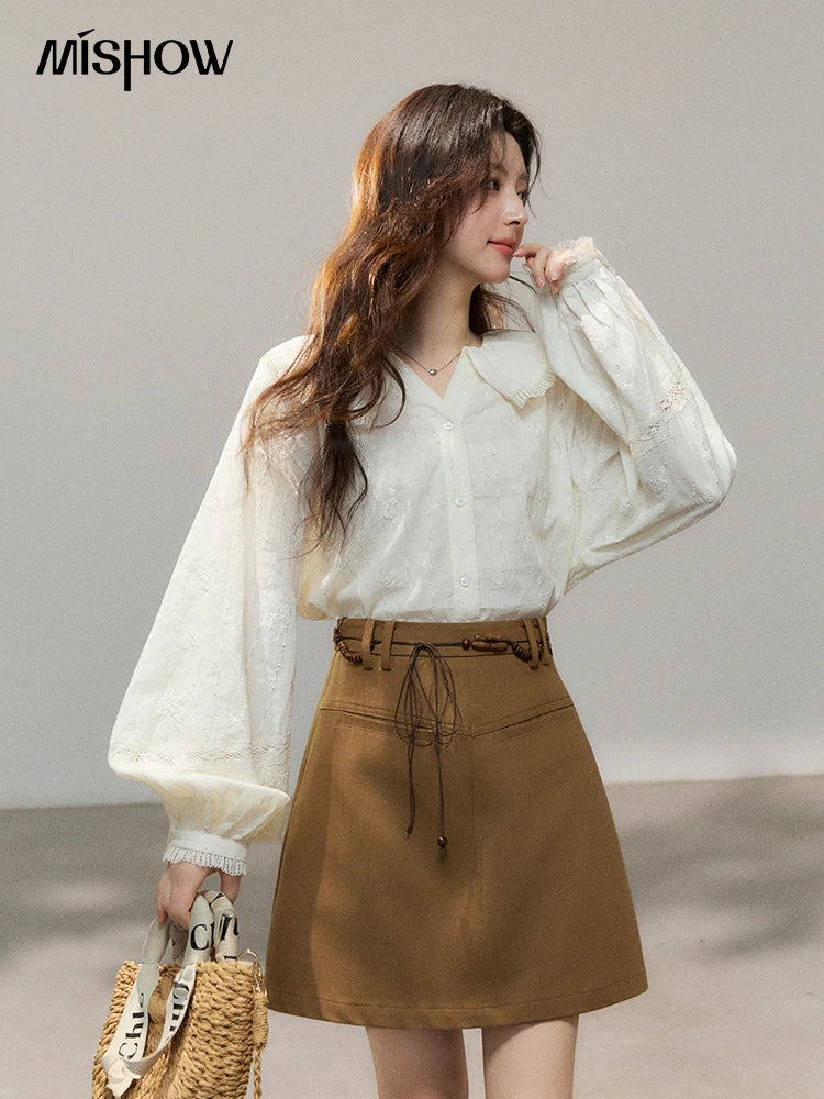 MISHOW Beige Lace Shirt Peter Pan Collar Micro Lantern Sleeve MXF108C0813