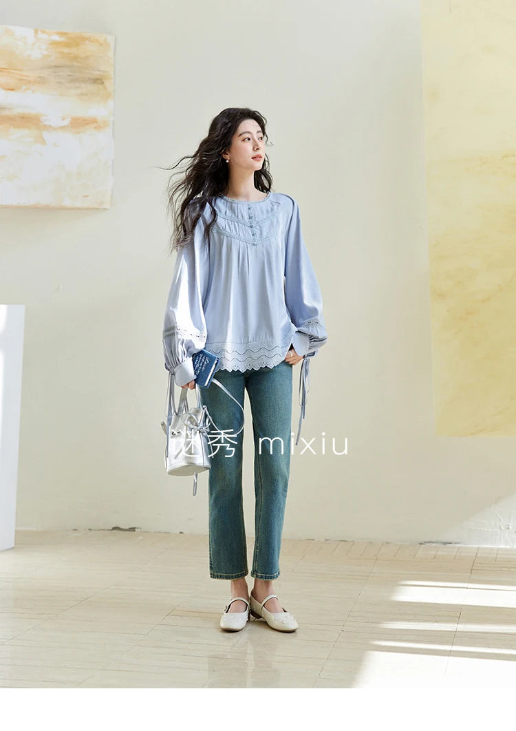 MISHOW Blue Lace Patchwork Shirt Wave Edge Lantern Sleeve MXE14X1716