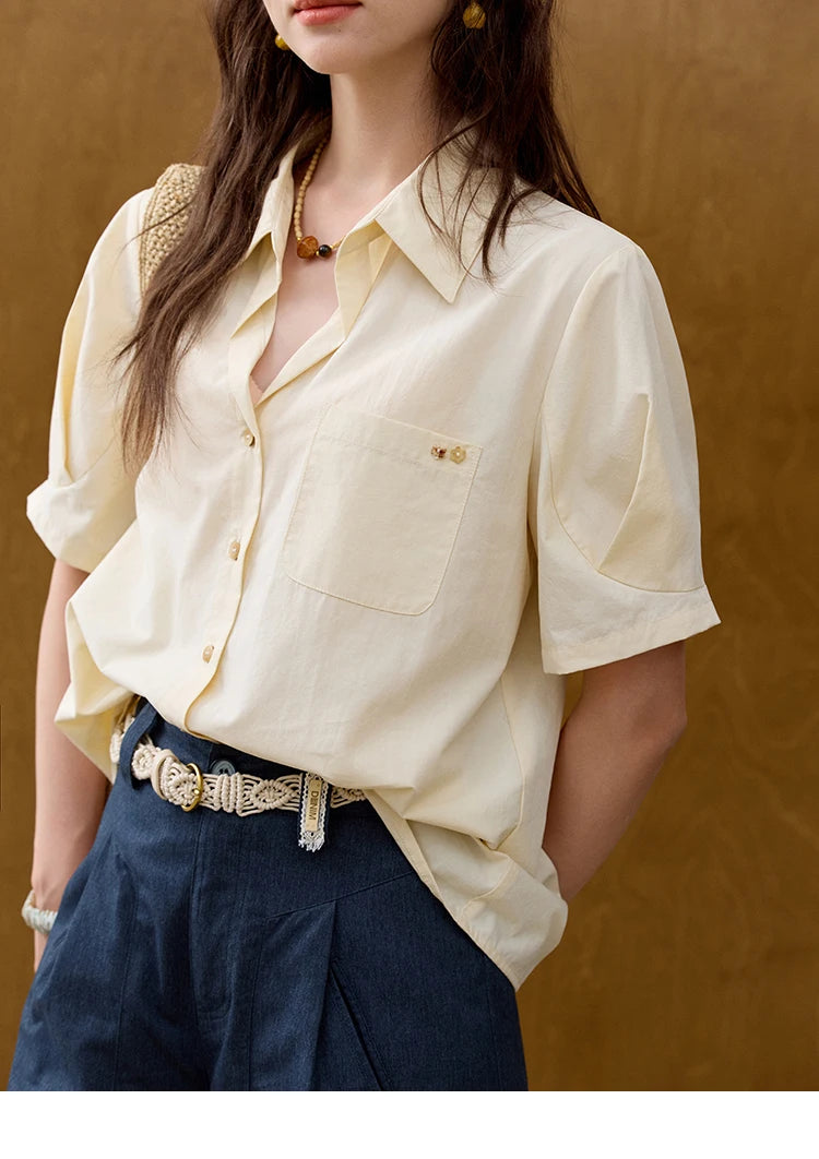 MISHOW French Turn-Down Collar Short Sleeve Solid Blouse MXE33C0778