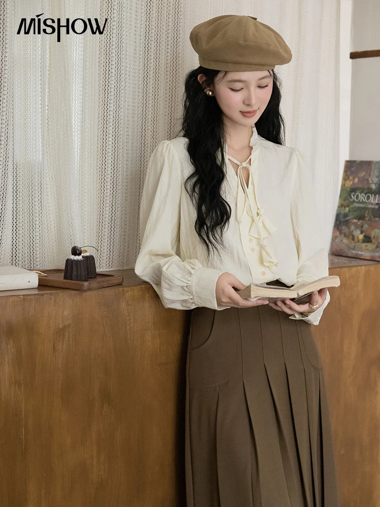 MISHOW Flower Bud Tie Lyocell Shirt V-Neck Long Sleeve MXD42X1640