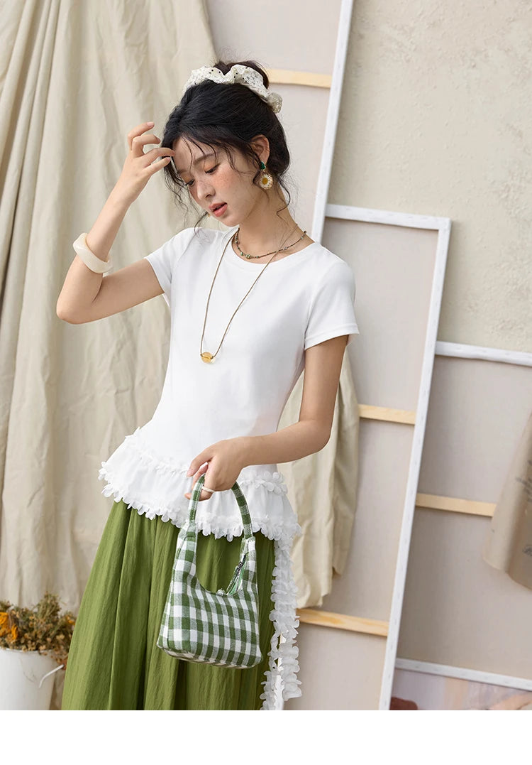 Mishow White Ruffled Tee with Red Lanyard Necklace MXE34T0557