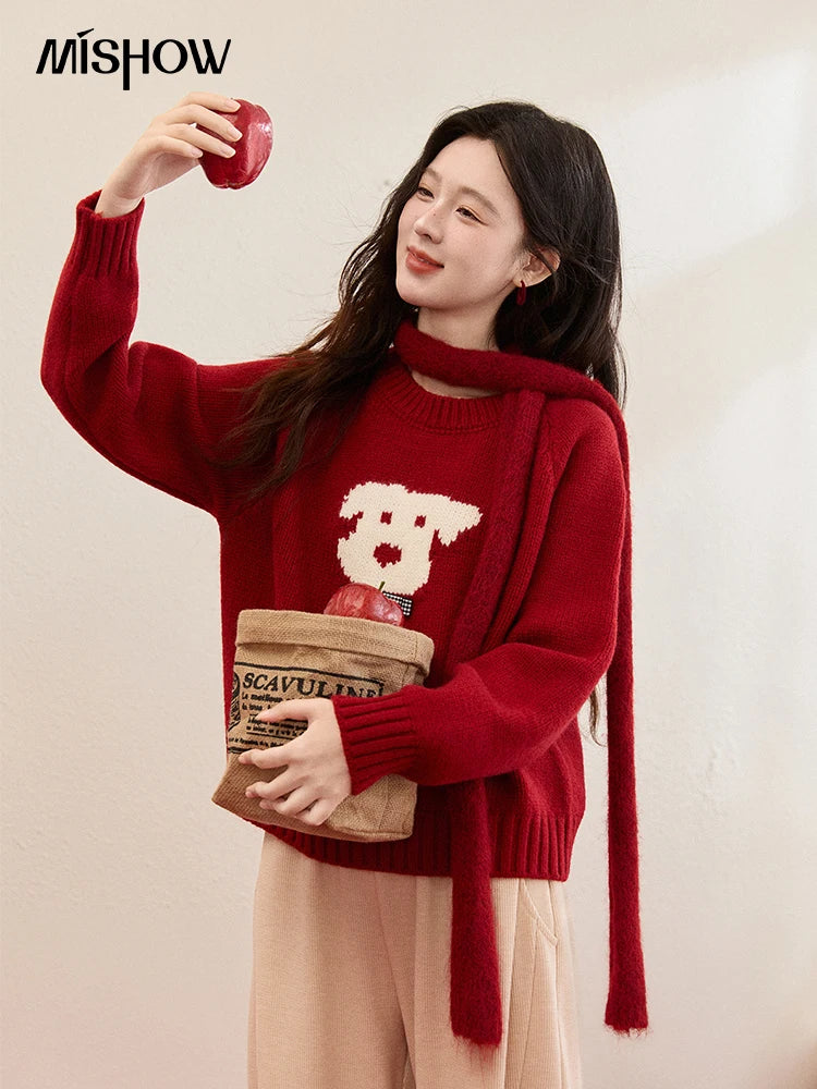 Mishow Red Puppy Jacquard Crew Neck Sweater MXE93Z2932