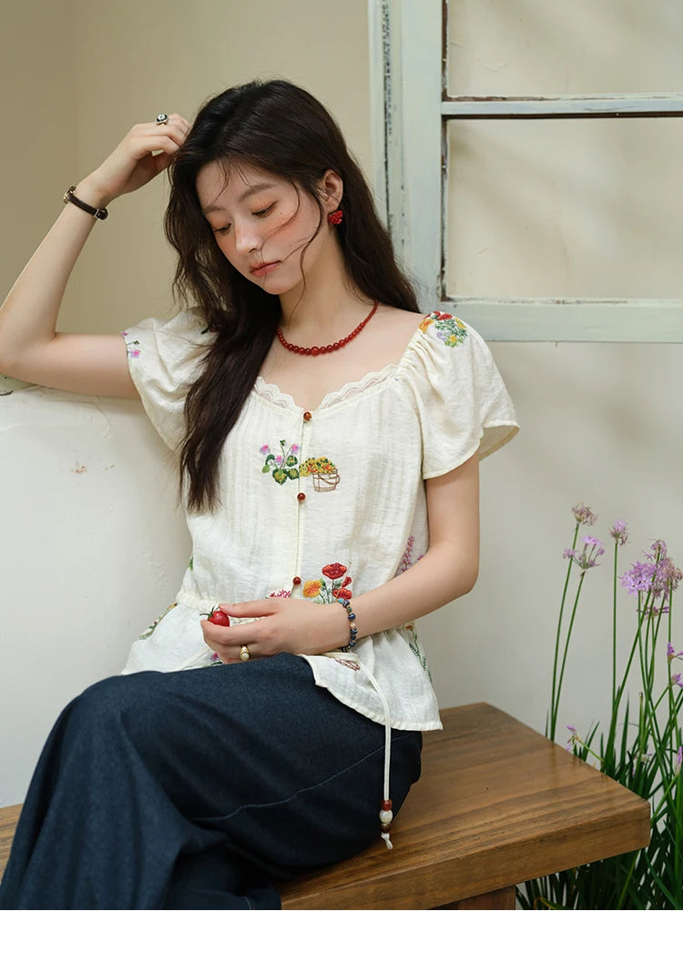 MISHOW Flower Embroidery Square Neck Lace Blouse MXE37X1895