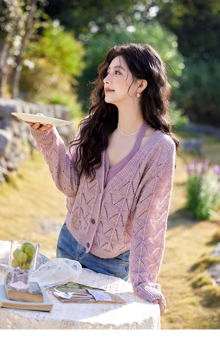 Mishow French Diamond Plaid V-Neck Hollow Cardigan MXE11Z1198