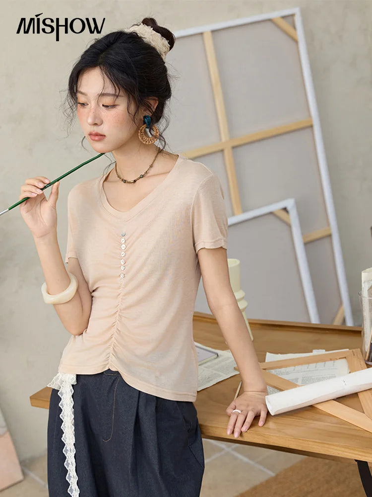 Mishow V-Neck Front Elastic Shell Button Tee MXE34T0560