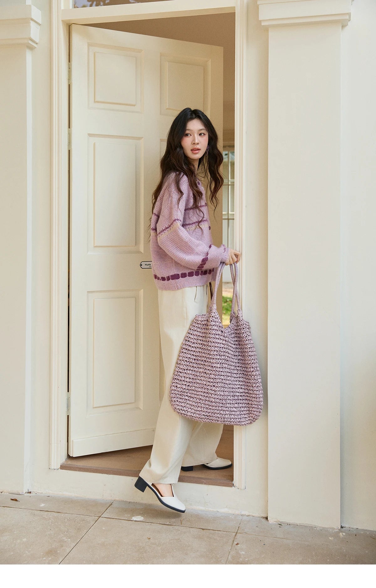 Mishow Lilac Striped Dot Crew Neck Cardigan MXF11Z2897