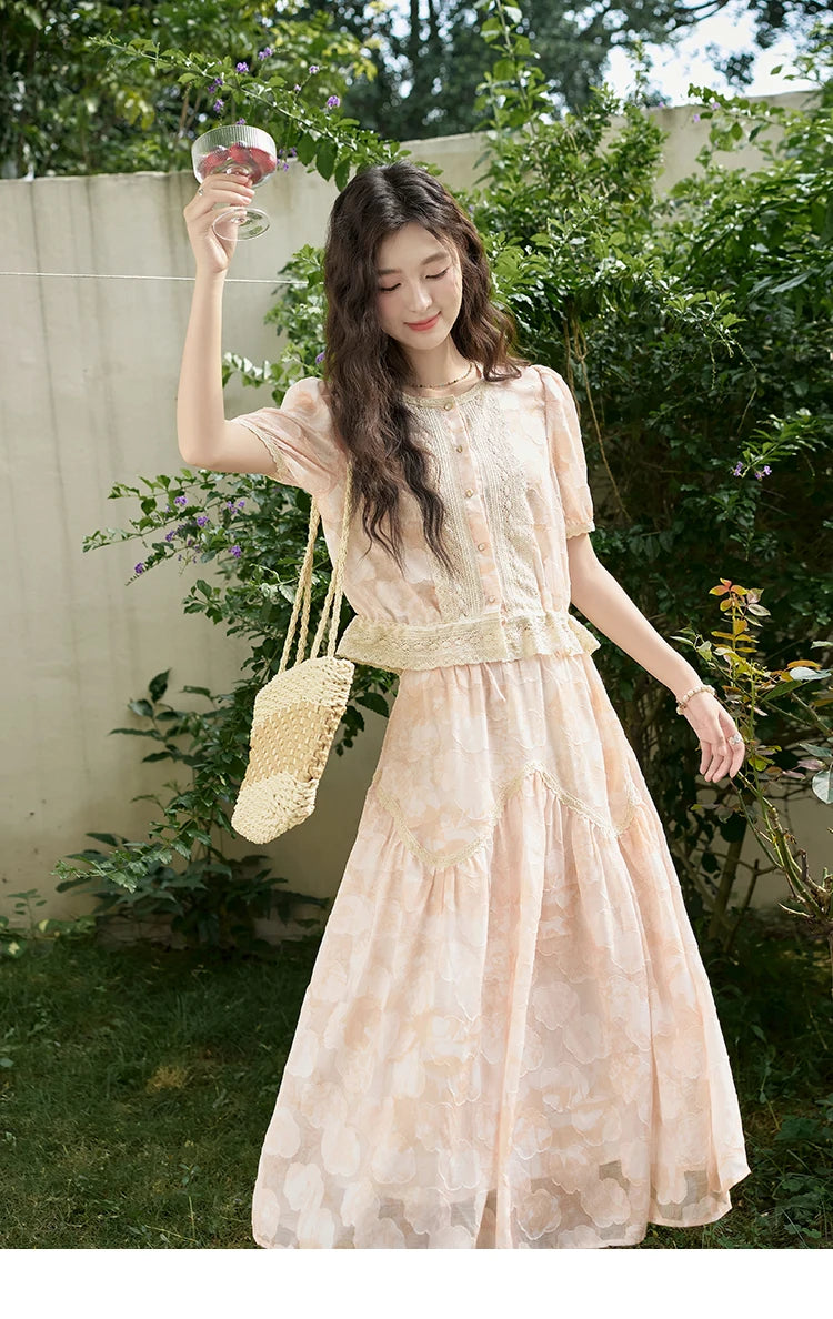 MISHOW French Embroidered Lace Bubble Sleeve Top & Elastic Waist Skirt Set MXD23X1428