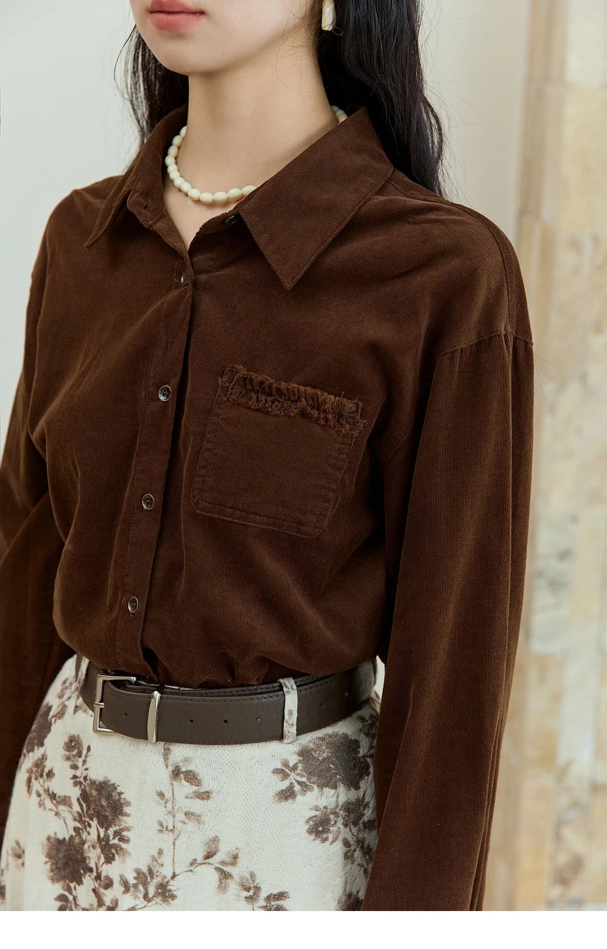 MISHOW Brown Corduroy Shirt Raw Edge Pocket MXE47C2419