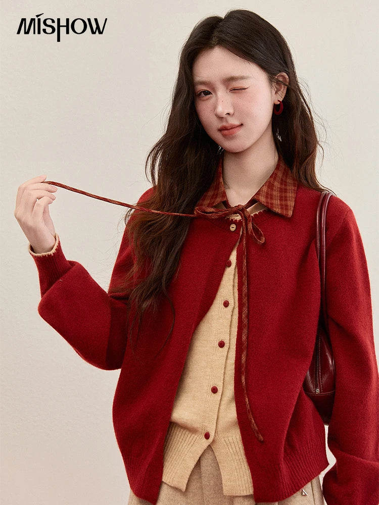 Mishow Color Block Fake Two-Piece Removable Collar Cardigan MXE93Z2816