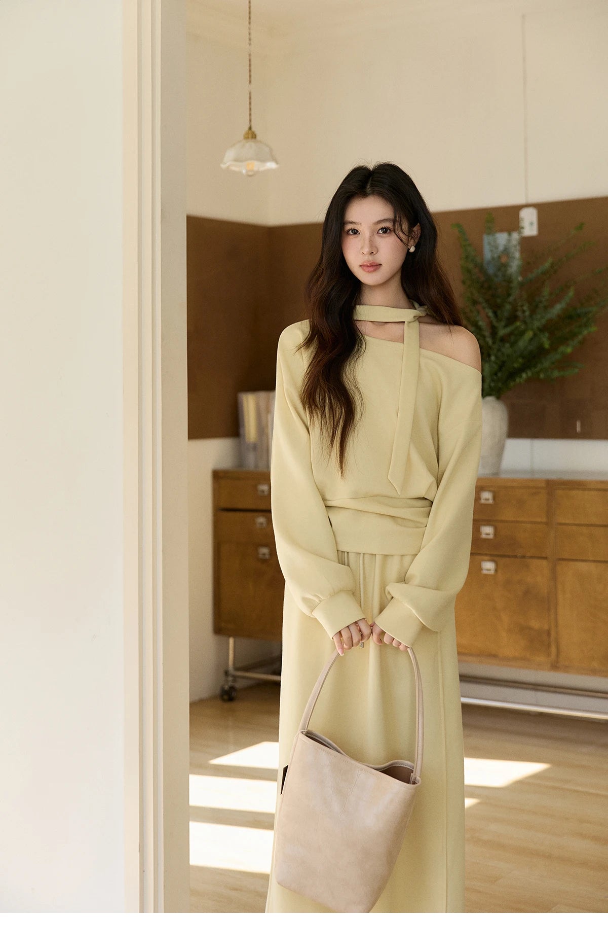 Mishow Light Yellow Off-Shoulder Top & Rear Fork Midi Skirt Set MXE11T1489