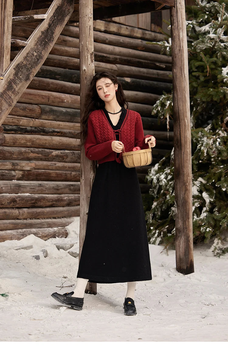 Mishow Red Knitted Cardigan & V-Neck Midi Dress Set MXD58L2085