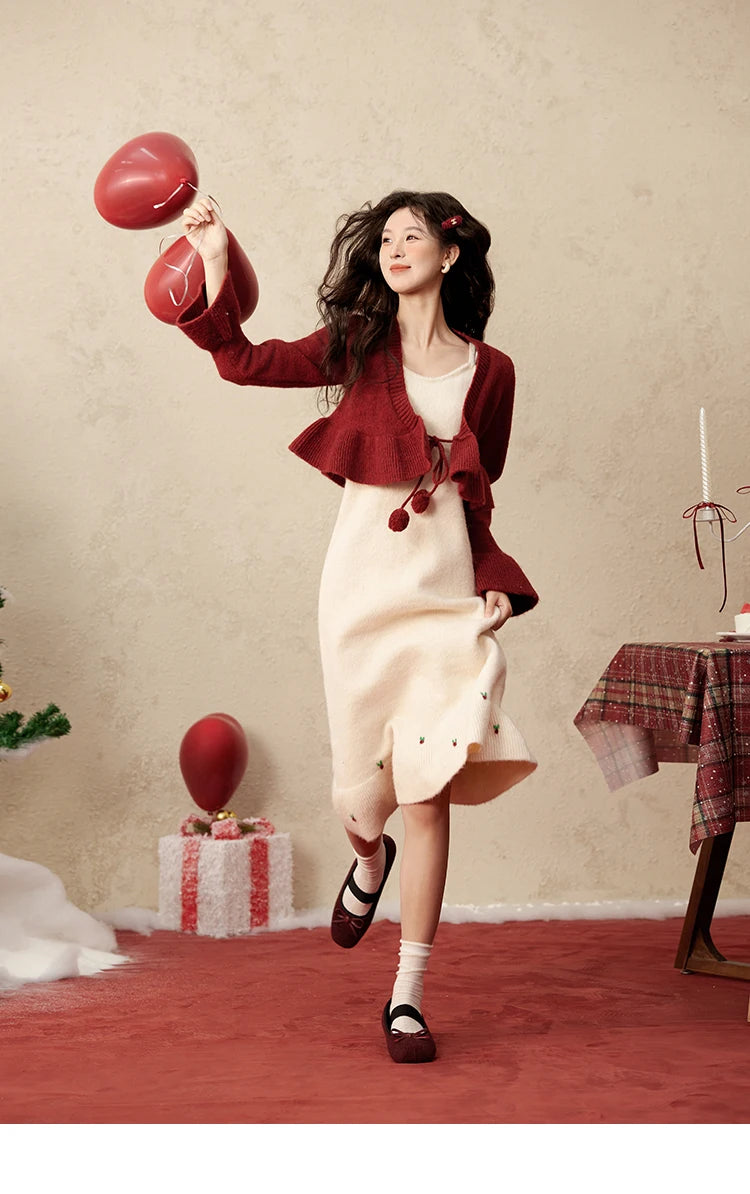Mishow Pom-Pom Lace-Up Cardigan & Ruffle Strap Dress Set MXD59L2133