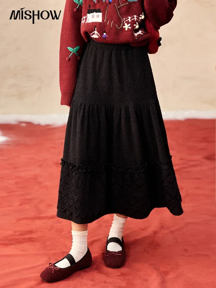MISHOW Splicing Knitted Skirt Lace Loose Pleated Long MXD59B0632