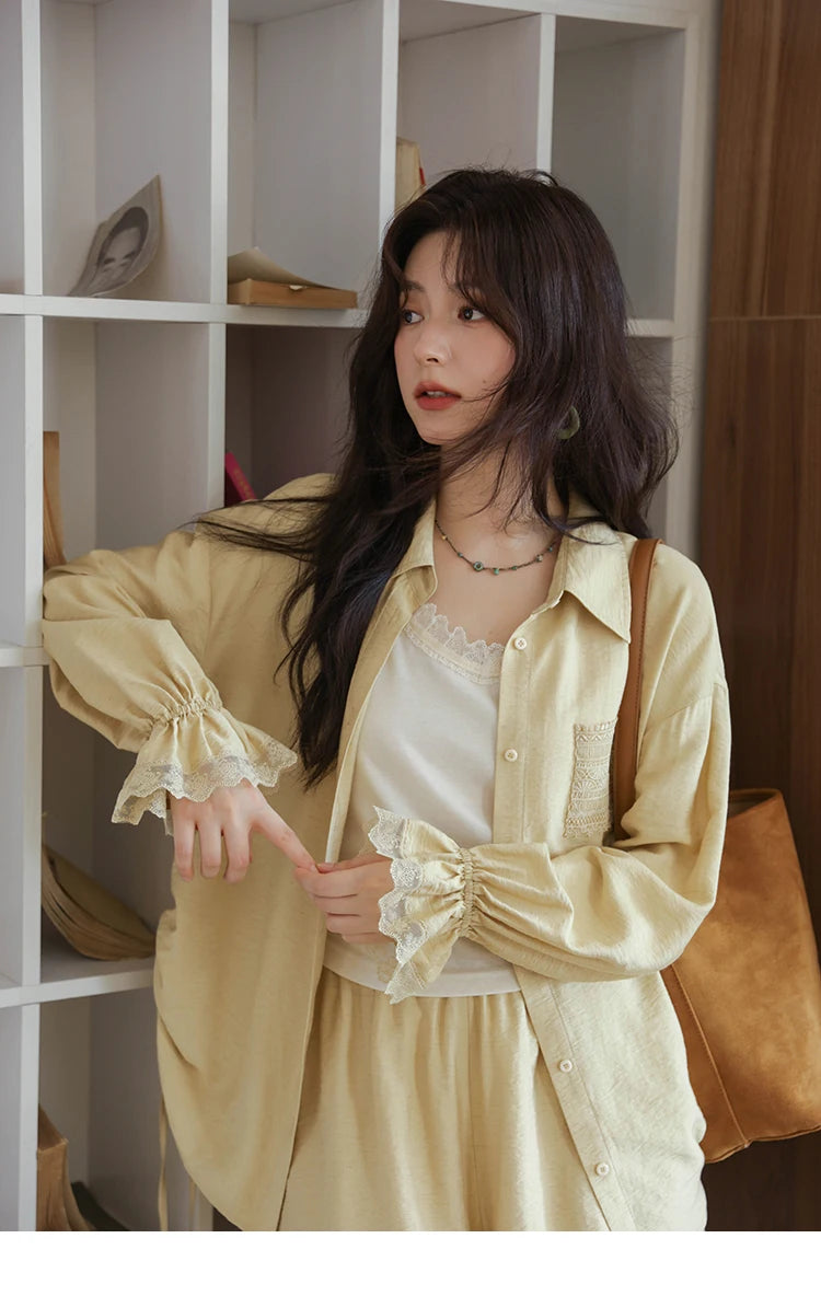 Mishow Yellow Linen Lace Shirt & Camisole & Shorts Three-Piece Set MXE42T0718