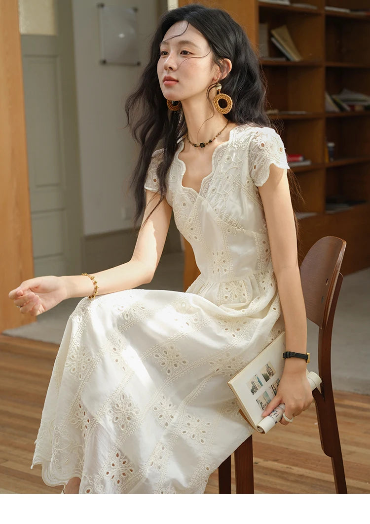 Mishow Flying Sleeve V-Neck Hollow Embroidered Dress MXE39L2404