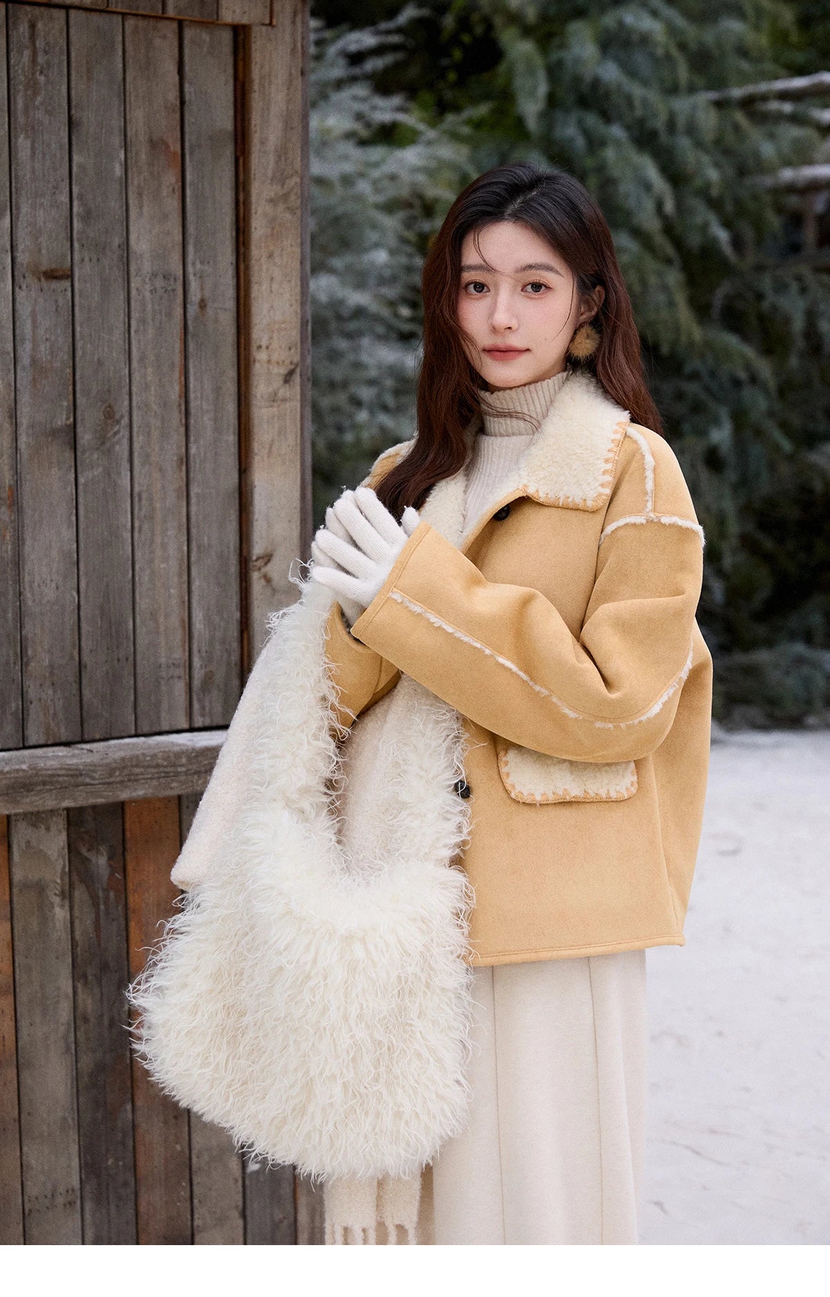 MISHOW Yellow Fur Suede Jacket Lapel Loose Warm MXE92W1016