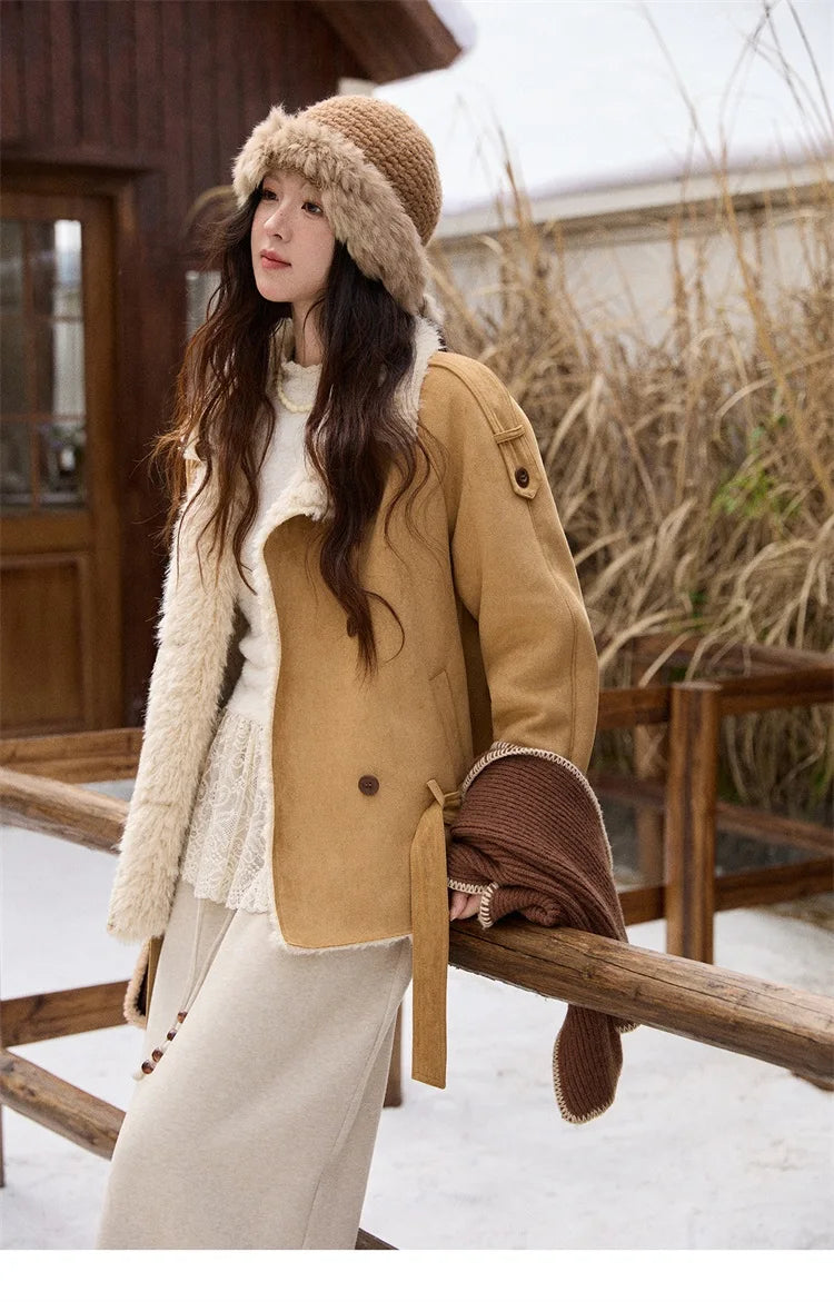 MISHOW Suede Lambskin Fleece Coat Double Breasted Windproof MXE86W0907