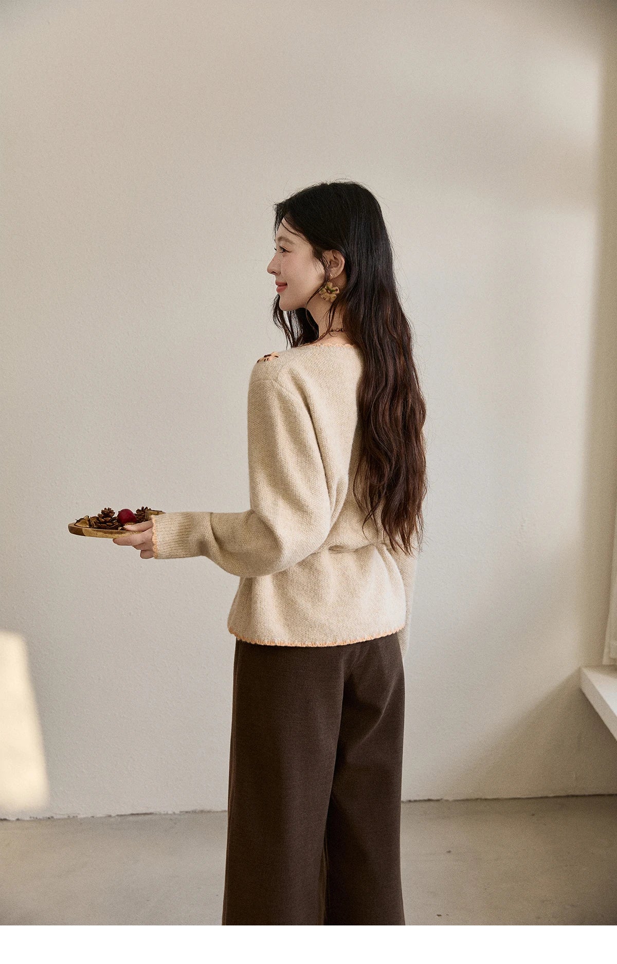 Mishow Apricot Hand-Embroidered Wool Blend Waist Tie Cardigan MXE87Z2702