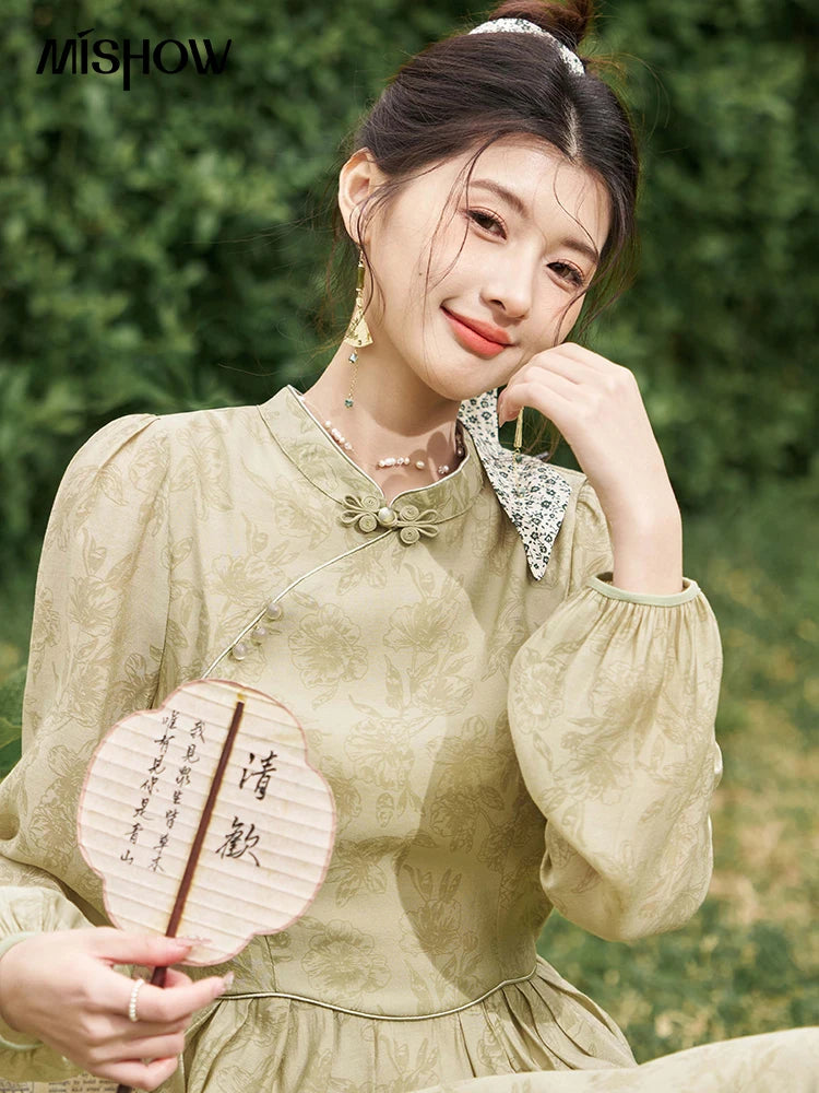 Mishow Chinese Cheongsam Green Puff Sleeve Dress MXD14L1767