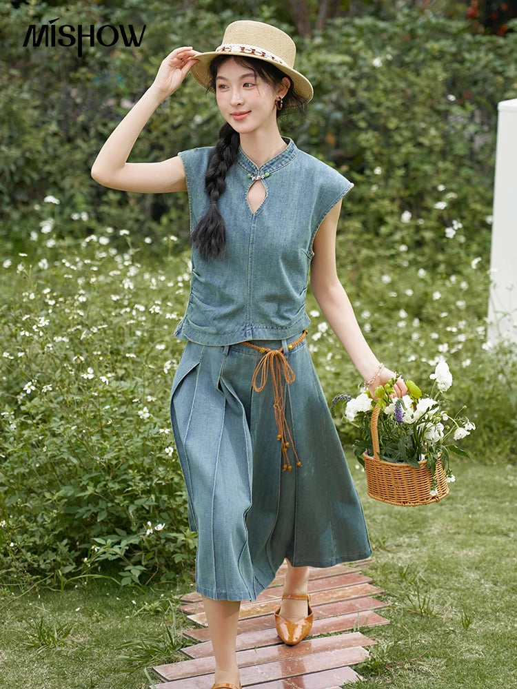 Mishow Chinese Stand Collar Vest & Pleated Denim Skirt Set MXD21X1465