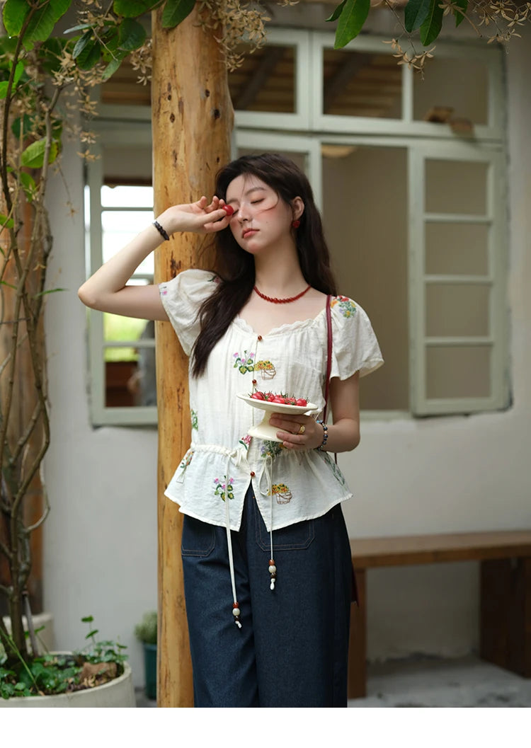 MISHOW Flower Embroidery Square Neck Lace Blouse MXE37X1895